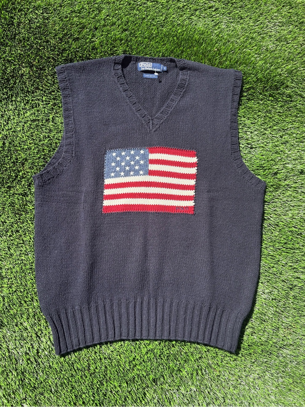 Vintage Polo Ralph Lauren Navy Blue American Flag V-neck Sweater Vest